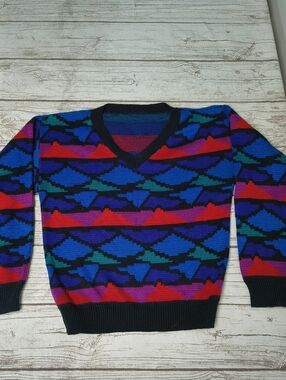 Abstract Geometric 90s Colors V Neck Sweater